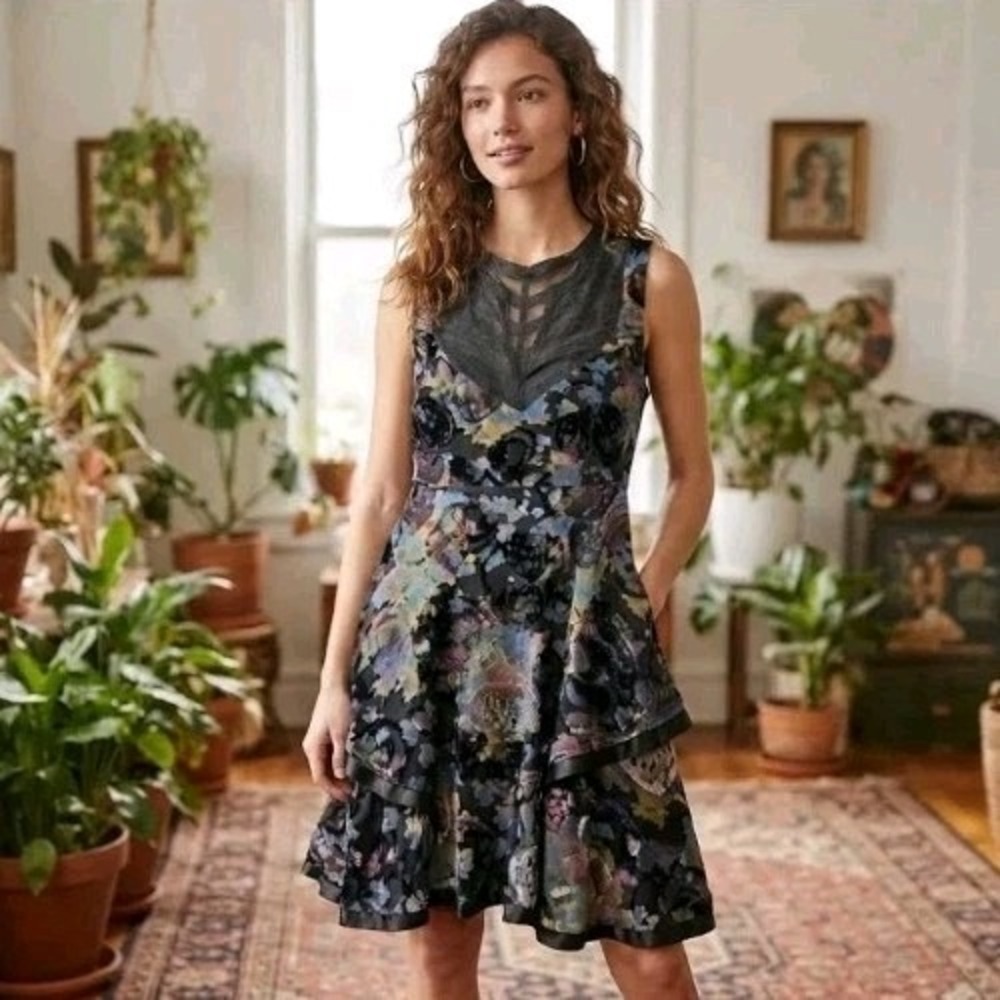 Free People Burnout Velvet Floral Mini Dress Size 10 Black Multi Sheer Slip...